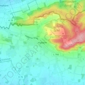 Mapa topográfico Haldem, altitud, relieve