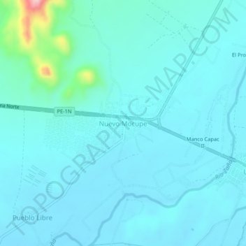 Mapa topográfico Nuevo Mocupe, altitud, relieve