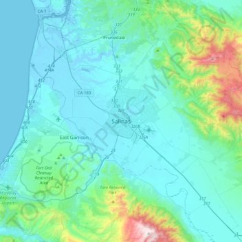 Mapa topográfico Salinas, altitud, relieve
