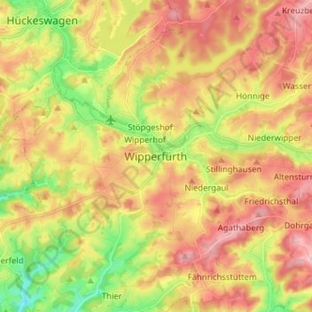 Mapa topográfico Wipperfürth, altitud, relieve