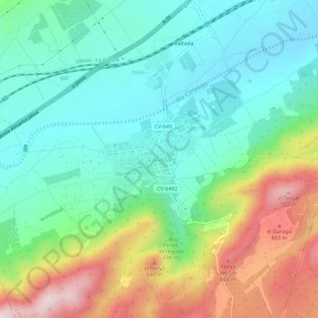 Mapa topográfico Vallada, altitud, relieve