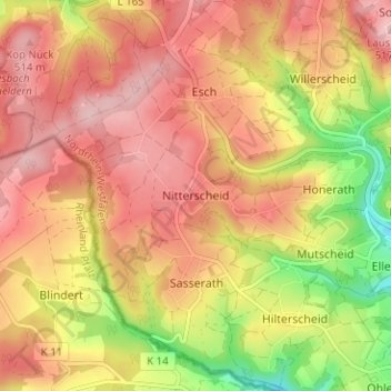 Mapa topográfico Nitterscheid, altitud, relieve