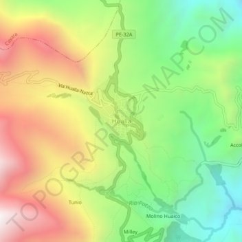 Mapa topográfico Hualla, altitud, relieve