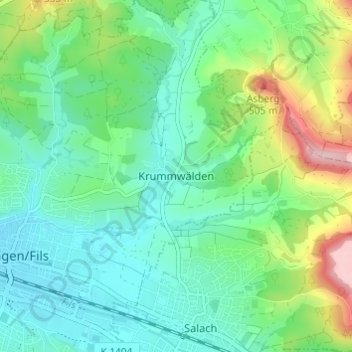 Mapa topográfico Krummwälden, altitud, relieve
