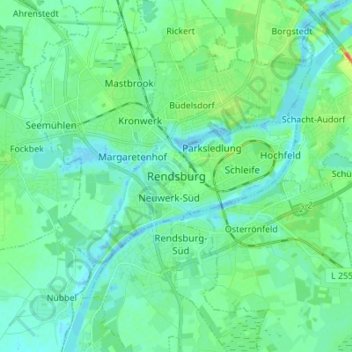 Mapa topográfico Rendsburg, altitud, relieve