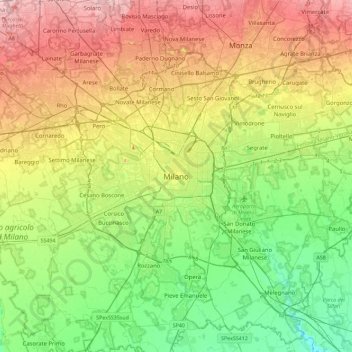 Mapa topográfico Milán, altitud, relieve