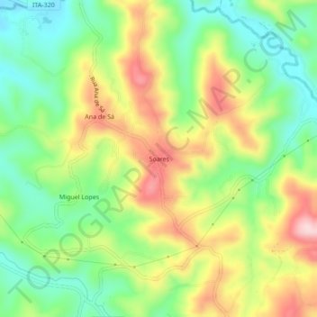 Mapa topográfico Soares, altitud, relieve