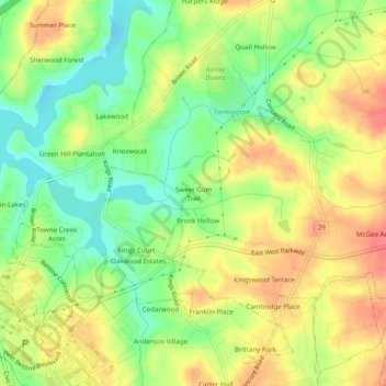 Mapa topográfico Sweet Gum Trail, altitud, relieve