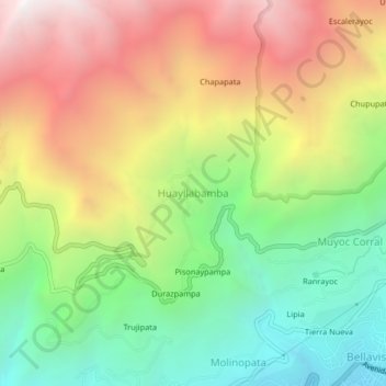 Mapa topográfico Huayllabamba, altitud, relieve