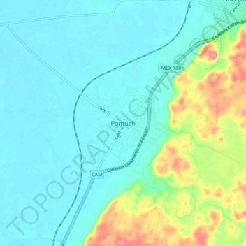 Mapa topográfico Pomuch, altitud, relieve