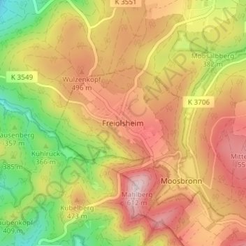 Mapa topográfico Freiolsheim, altitud, relieve