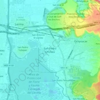Mapa topográfico San Pedro Cholula, altitud, relieve