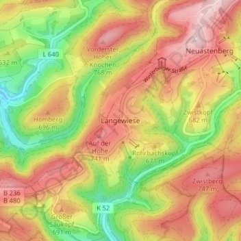 Mapa topográfico Langewiese, altitud, relieve