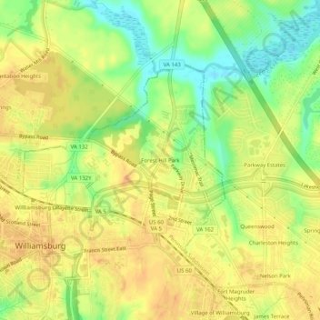 Mapa topográfico Forest Hill Park, altitud, relieve