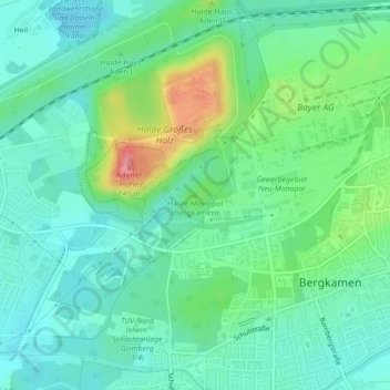 Mapa topográfico Halde Monopol (Bergkamen), altitud, relieve