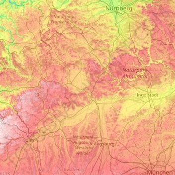 Mapa topográfico Donau-Ries, altitud, relieve