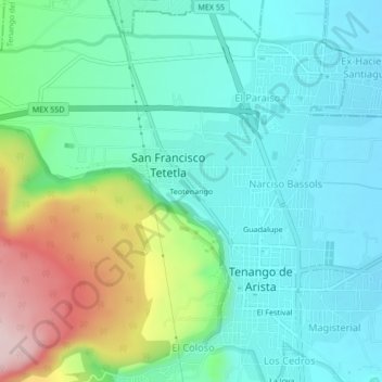 Mapa topográfico Teotenango, altitud, relieve