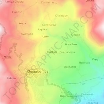 Mapa topográfico Huallhuas, altitud, relieve