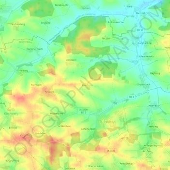 Mapa topográfico Irlach, altitud, relieve