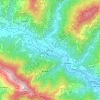 Mapa topográfico Monleone, altitud, relieve