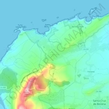 Mapa topográfico Liencres, altitud, relieve