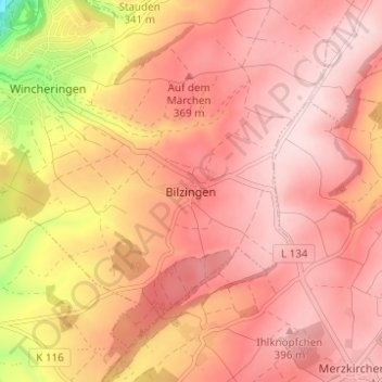 Mapa topográfico Bilzingen, altitud, relieve