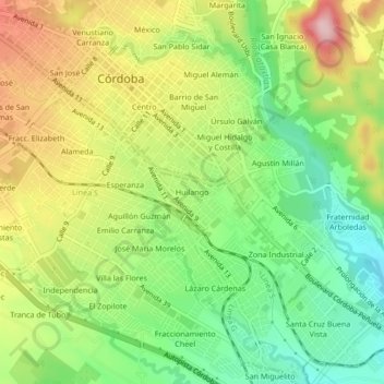 Mapa topográfico Huilango, altitud, relieve