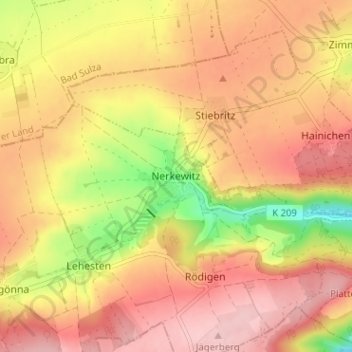 Mapa topográfico Nerkewitz, altitud, relieve