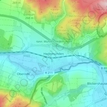 Mapa topográfico Hedemünden, altitud, relieve