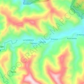 Mapa topográfico Pahuatla, altitud, relieve