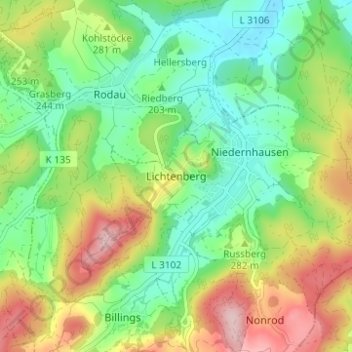Mapa topográfico Lichtenberg, altitud, relieve