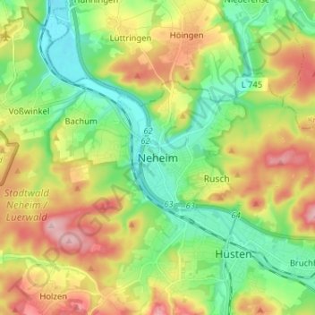 Mapa topográfico Neheim, altitud, relieve
