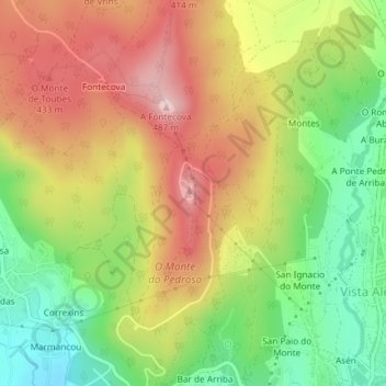 Mapa topográfico Monte Pedroso, altitud, relieve