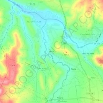 Mapa topográfico Relvios, altitud, relieve
