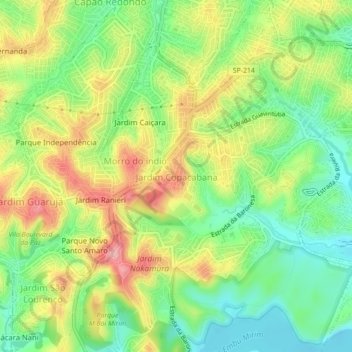 Mapa topográfico Jardim Copacabana, altitud, relieve