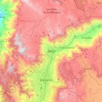 Mapa topográfico Bello, altitud, relieve