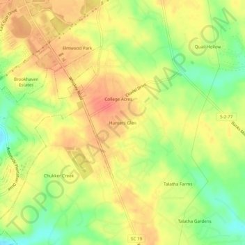 Mapa topográfico Hunters Glen, altitud, relieve