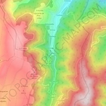 Mapa topográfico O Mosteiro, altitud, relieve