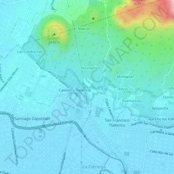 Mapa topográfico Xalpa, altitud, relieve