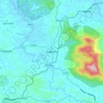 Mapa topográfico Kalpetta, altitud, relieve