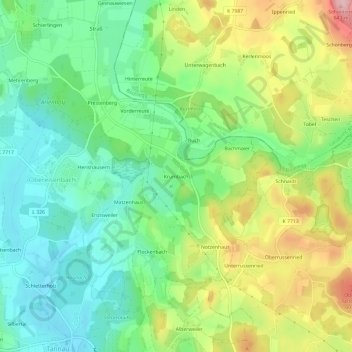 Mapa topográfico Krumbach, altitud, relieve