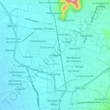 Mapa topográfico Chiautla, altitud, relieve