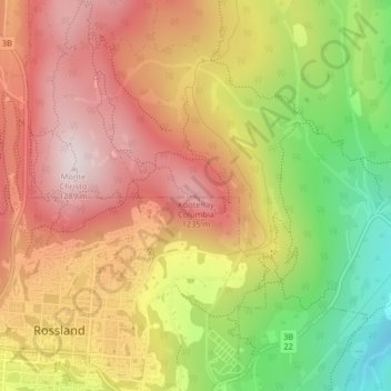 Mapa topográfico Kootenay Columbia, altitud, relieve