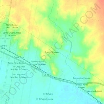 Mapa topográfico B and E Colonia, altitud, relieve