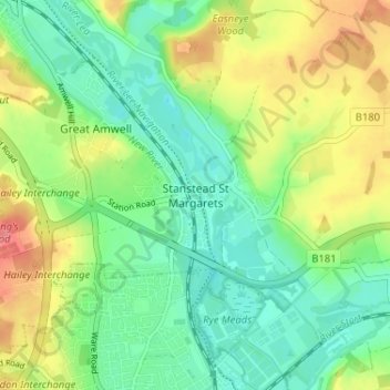 Mapa topográfico Stanstead St Margarets, altitud, relieve