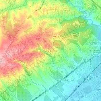 Mapa topográfico Ouled Belhadj, altitud, relieve