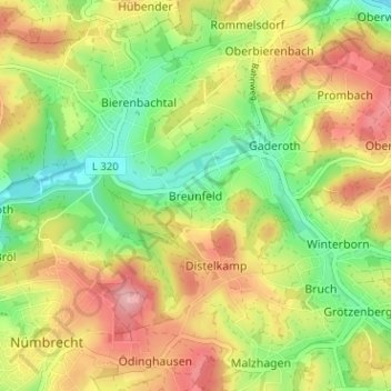 Mapa topográfico Breunfeld, altitud, relieve