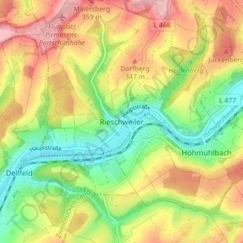 Mapa topográfico Rieschweiler, altitud, relieve