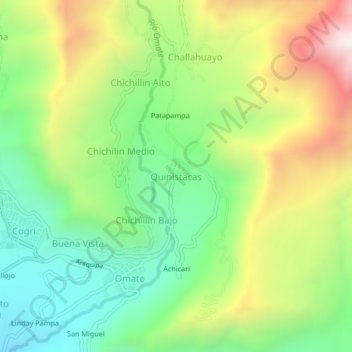 Mapa topográfico Quinistacas, altitud, relieve