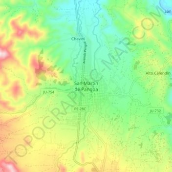 Mapa topográfico San Martín de Pangoa, altitud, relieve